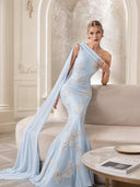 Elegant Floral Embroidered One-Shoulder Maxi Dress