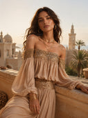 Elegant Off-Shoulder Sequin Embellished Flowy Maxi Dress Two-Piece Set