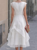 Elegant Organza Pleated Waist Ruffle Midi Dress