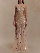 Elegant Iridescent Sequin Halter Neck Evening Maxi Dress
