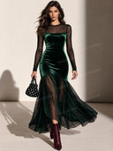 Velvet Mesh Polka Dot Long Sleeve Maxi Dress