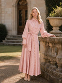 Pink Stripe Print Long Sleeve Waist Tie Maxi Shirt Dress