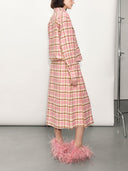 Classic Plaid Loose Shirt & Feather-Trim Skirt Two-Piece Set