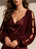 Elegant Knit Balloon Sleeve Sweater & Satin Cowl Neck Dress Two Piece Set