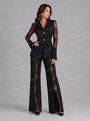 Tailored Lace Panel Blazer & Flare Pants Set