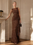 Elegant Floral Embroidered Mesh Ruched Maxi Dress