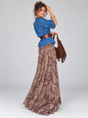 Boho Ruffle Neck Denim Top & Paisley Maxi Skirt Set