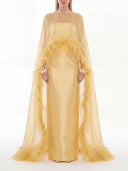 Elegant Feather Trim Chiffon Shawl Black Satin Maxi Dress