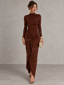 Ruched High Neck Long Sleeve Slit Maxi Dress
