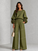 Elegant Floral Long-Sleeve Top and Wide-Leg Pants Two-Piece Set