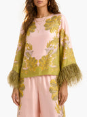 Exquisite Floral Feather Trim Crop Top & Wide Leg Pants Two-Piece Set