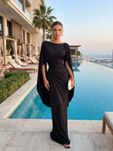 Boat Neck Pleated Slim Fit Maxi Dress