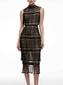 Beaded Fringe High Neck Midi Dress