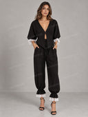 Elegant Lace Trim Blazer & Ruffle Hem Pants Set