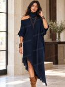 Asymmetric Off-Shoulder Turtleneck Knit Maxi Dress