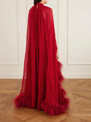 Exquisite Feather Trim Chiffon Cape Maxi Dress