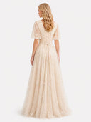 Elegant Square Neck Sheer Tulle Floral Embroidered Maxi Dress