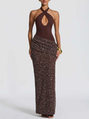 Elegant Cross Halter Cutout Sequined Maxi Dress