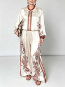Retro Floral Print Satin Blouse & Wide-Leg Pants Two-Piece Set