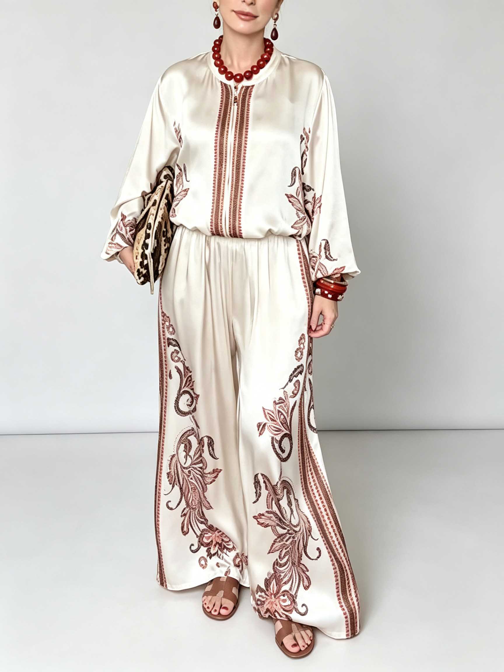 Retro Floral Print Satin Blouse & Wide-Leg Pants Two-Piece Set