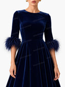 Elegant Velvet Feather Cuff Midi Dress
