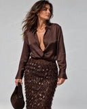 Elegant Satin Shirt Sequin Fringe Midi Skirt Two Piece Set