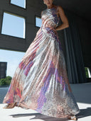 Pastel Sequin Sleeveless Cut-Out Maxi Dress
