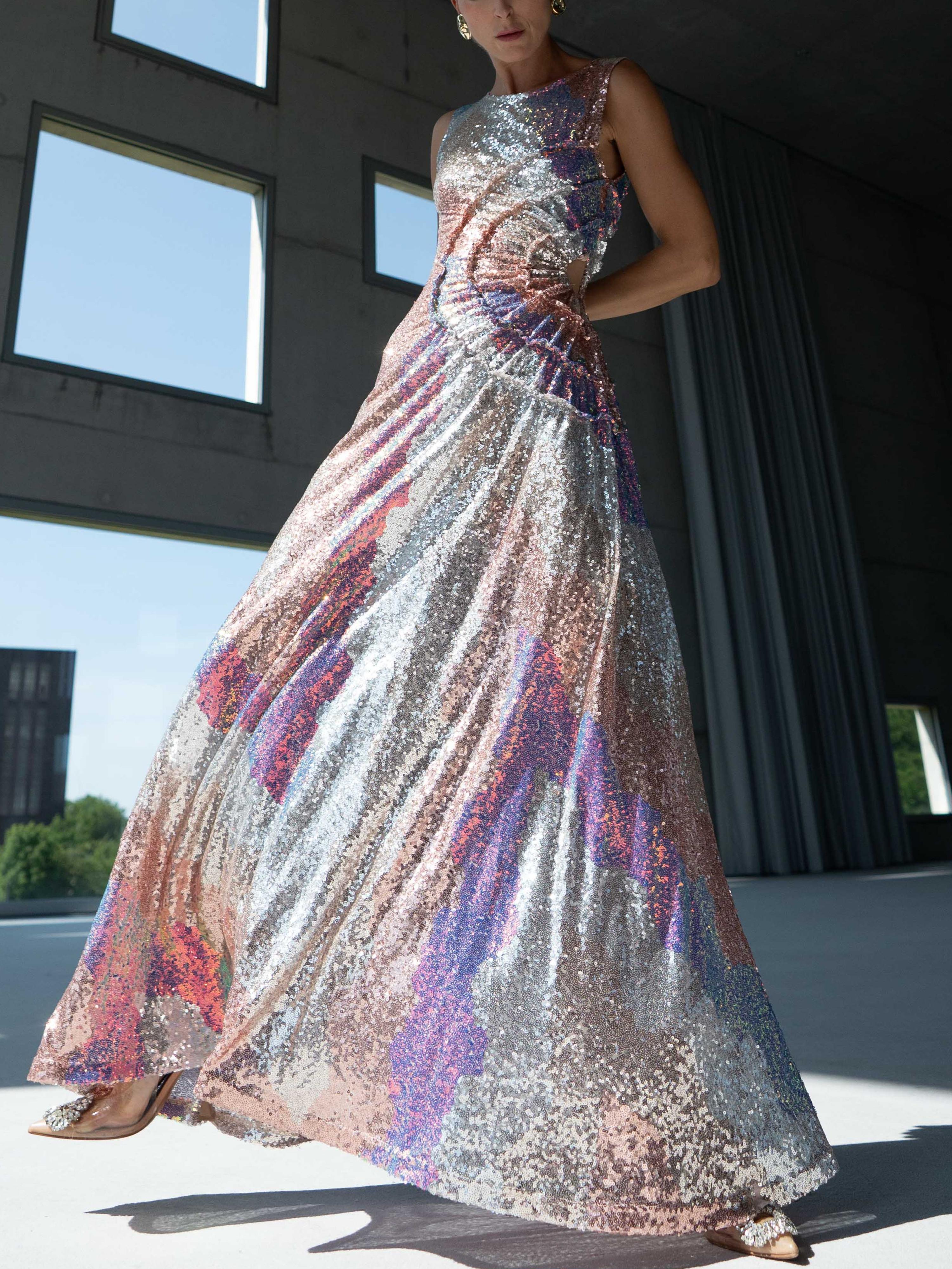 Pastel Sequin Sleeveless Cut-Out Maxi Dress