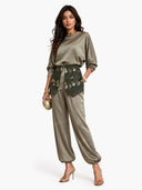 Retro Embroidered Waist Belt Satin Shirt & Harem Pants Set