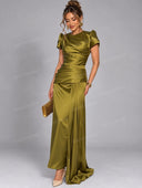 Elegant Satin Ruched Short Sleeve Maxi Dress