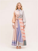 Multicolor Patchwork Stripe Long Sleeve Tie Maxi Shirt Dress