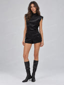 Minimalist Mock Neck Shoulder Pad Belted Romper