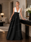 Elegant Deep V-Neck Colorblock Ruched A-Line Maxi Dress