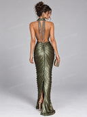 Elegant Metallic Halter Neck Ruched Maxi Dress