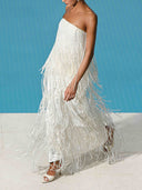 Elegant Strapless Beaded Fringe Maxi Dress