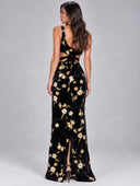 Elegant Velvet Floral Print Cutout Waist Maxi Dress