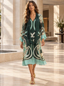 Elegant Geometric Print Chiffon Shawl Midi Dress