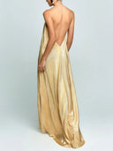 Elegant Halter Metallic Pleated Maxi Dress