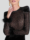 Elegant Lace Feather Trim Velvet Flare Jumpsuit