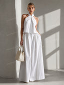 Elegant Halter Neck Top & Wide-Leg Pants Two-Piece Set