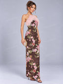 Retro Floral Print Feather Trim Halter Maxi Dress