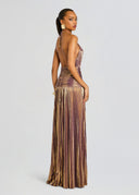 Elegant Metallic Pleated Halter Neck Maxi Dress