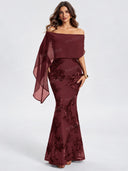 Elegant Off Shoulder Cape Sequin Mermaid Maxi Dress