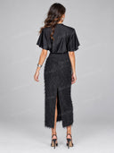 Elegant Mock Neck Top & Fuzzy Fringe Midi Skirt Two Piece Set