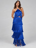Elegant Fringe Halter Tiered Maxi Dress