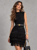 Elegant Fringe Trim Sleeveless Mini Dress
