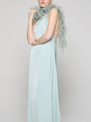 Elegant Satin Halter Feather-Trim Maxi Dress