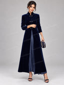 Elegant Frog Button Velvet Long Coat