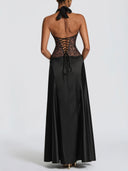 Elegant Pleated Halter Neck Lace Satin Maxi Dress