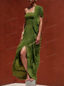 Elegant Draped Neck Ruched Split Maxi Dress